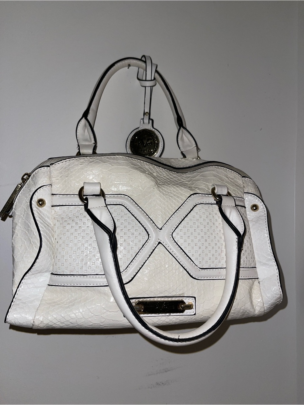 Versace Cream Satchel with Gold Medallion